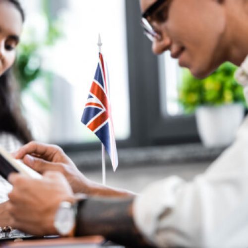 selective focus of national Great Britain flag in apartment